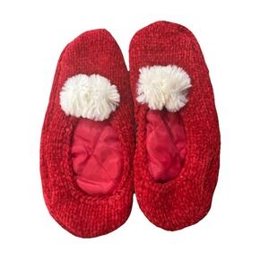 Vintage Red Cozy Slipper Socks With Cream Pom And Floor Gripper Pads